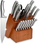 Ensemble de couteaux de cuisine 18 Pièces Couteau en acier inoxydable à haute teneur en carbone de style japonais avec aiguiseur intégré, Couteaux à tranchant rasoir pour la cuisine, ensemble de couteaux à blocs en bois (brun jaune)