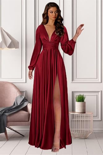 Long Sleeve Satin Bridesmaid Dresses A Line Prom Dress Split Pleated Formal Evening Dress with Pockets AP032