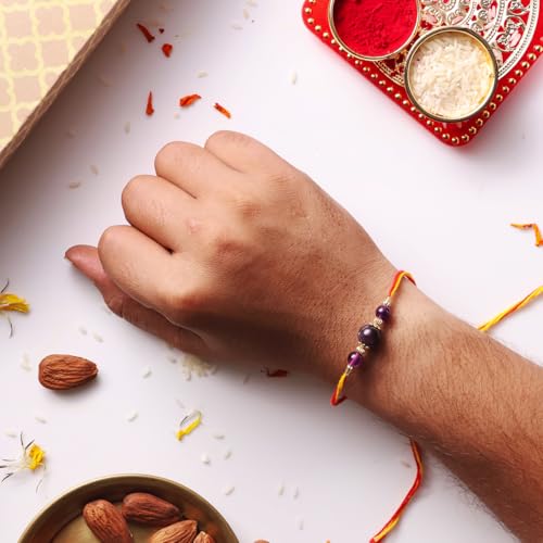 Image of Shubhanjali Crystal Beads Rakhi for Brother | Handmade Healing Crystal Stone Designer Rakhi for Bhaiya | Raksha Bandhan Gift Set with Roli Chawal, Kumkum, Greeting Card & Potli