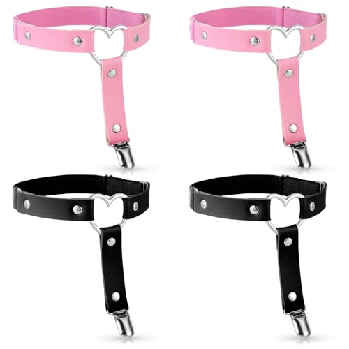 cobee Strumpfband Leder, 4 Stück Verstellbar Elastische Strumpfbänder Leder Bein Strumpfhalter Schwarz Rosa Anti Rutsch Clip Strumpfhalter Gothic...