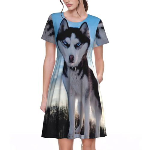 Chemise d'été décontractée à col rond et motif Husky en coupe ample