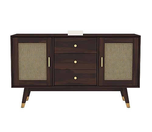 Image of SHIKHA WOOD CRAFT Solid Sheesham Wood Sideboard Cabinet With 3 Drawers and 2 Rattan Cane Doors | Multipurpose Wooden Storage Organizer Furniture for Kitchen, Living Room, Bedroom, Home (Walnut Finish)