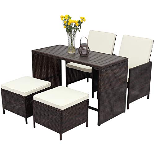 Image of Wisteria Lane 5 Piece Patio Porch Dining Set Outdoor Furniture Bar Bistro Wicker Chair Stool Wooden Table All-Weather Conversation,Brown Wicker Beige Cushions