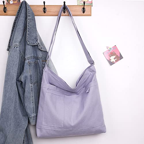 Image of Cotton Tote Handbag Women Canvas Crossbody Beach Bag Hobo Shoulder Tote Bag with 3 External Pocket,Zipper Closure