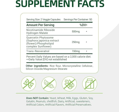 Image of NAD+ Supplement with, Nicotinamide Riboside & Resveratrol 900mg - Anti-Aging Support for Women & Men, NMN Alternative, Vegan Non-GMO - 100 Capsules, 2 Pack