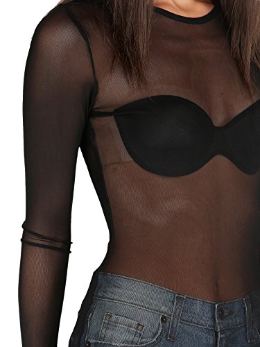 Floerns Women's Long Sleeve Slim Fit See Through Sheer Mesh Top Black S