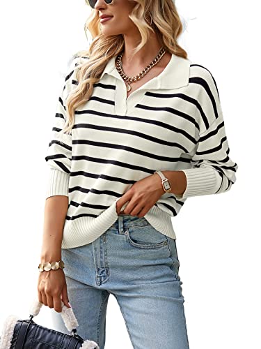 Striped Sweater Women Striped Sweater Casual Color Block Long Sleeve Polo V Neck Knitted Loose Jumper Tops