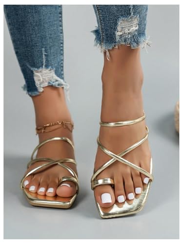 Image of GORGLITTER Women's Metallic Strappy Sparkly Square Toe Cute Dressy Sandals | Sandals Women Comfortable, Dressy Sandals, Slip on Slides, Rose Gold Slipper, Summer Slides