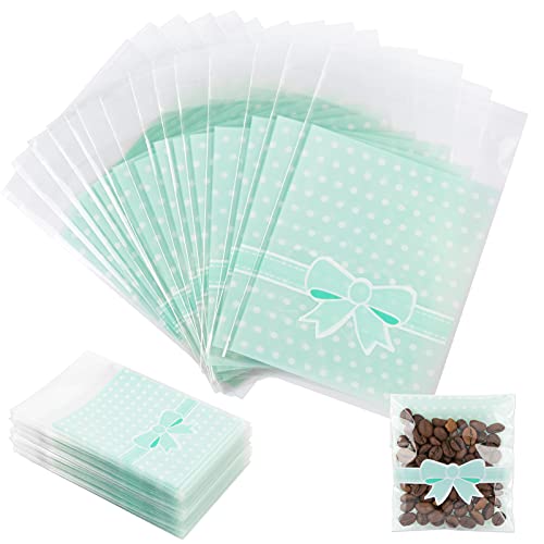 200Pcs Sac Sachet Cadeau Pochettes de Bonbons 8x13cm Bleu Plastique Motif Noeud Papillon avec Auto-Adhésive pour Bonbons Bijoux Objets Anniversaire Mariage