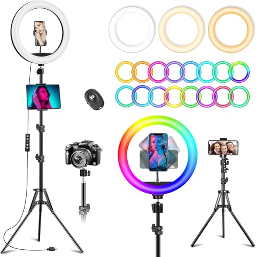 10.3 Ring Light with Tripod and Phone iPad Holder Selfie Ring Light with 51 Color Mode Circle Lighting for iPhone Dimmable LED Phone Ringlight with Stand for Makeup/Video Recording/Photography/TikTok