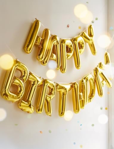 Image of Happy Birthday Balloon Banner, 16 Inch Gold Happy Birthday Foil Balloons, Gold Hbd Balloons Letter Mylar Balloon, Birthday Sign Party Decorations for Women Men Boys Girls