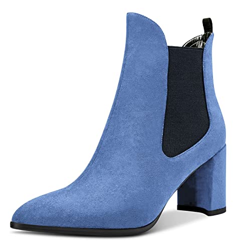 Aachcol Damen Chunky Blockabsatz Mittlerem Hoher High Absatz Heel Stiefeletten Geschlossene Spitze Zehenkappe Schuhe Wildleder Hellblau 7.5 CM 36 EU Cover