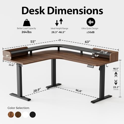 Image of Agilestic L Shaped Standing Desk, Corner Desk with Monitor Shelf, Adjustable Height Gaming Table, Sit Stand Up Table, 63 x 55 Inch Home Office Computer Workstation, Splice Board, Dark Walnut
