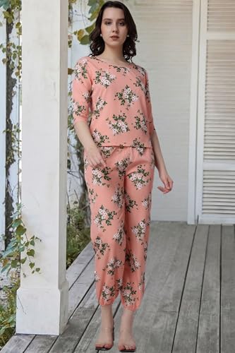 Image of POPWINGS Casual Printed Top and Joggers Co-Ord Set for Women || Stylish Summer Co-Ords Set for Women || Round-Neck Top and Joggers Combo Set for Women