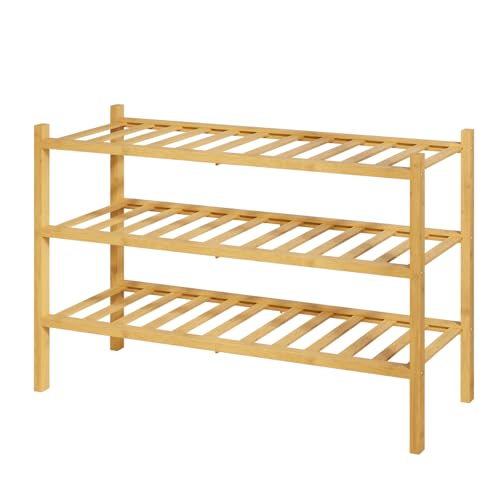 Kitsure Bamboo Wooden Shoe Rack for Closet – Stackable Shoe Organizer with Modular Structure, Space-Saving Shoe Shelf for Entryway, Living Room, Bedroom, 26.8″ x 11″ x 18.9″, Natural