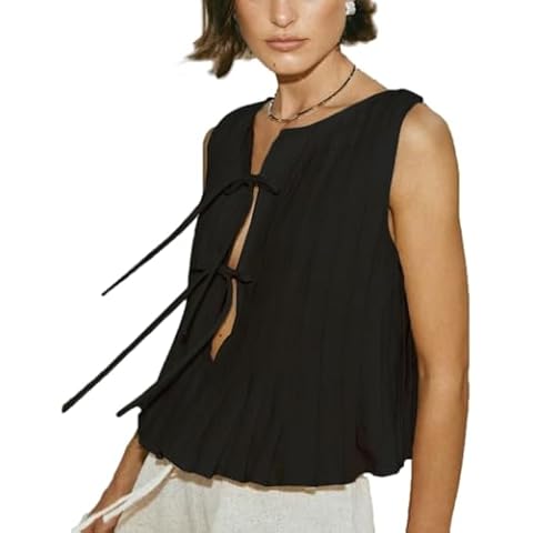 JEAAMKSSER Tie Front Tank Tops for Women Y2K Bow Sleeveless Coquette Pleated Ruffle Shirts Summer 2024 Babydoll Top # Black S Cover