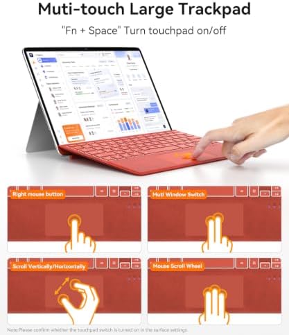 Surface Pro Keyboard, Wireless Ergonomic Type Cover for Microsoft Surface Pro 7 Plus 7/6/5/4/3 12.3 inch, Ultra-Slim Portable Magnetic Bluetooth Keyboard with 7 Color Backlit, Trackpad Red - 5