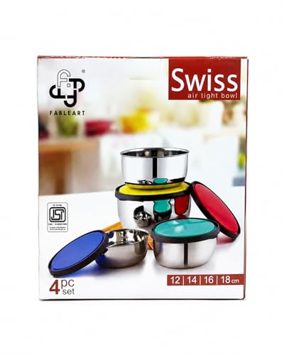 Image of Swiss Airtight Stainless Steel Bowl Set, 4 Piece, with Colourful Lids, 12, 14, 16, 18 cm