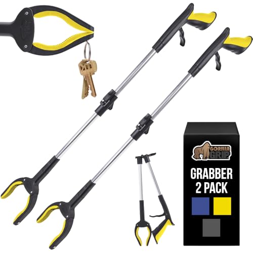 GORILLA GRIP Strong Rubber Lined Claw Grabber 2 Pack Ergonomic Anti-Slip Reacher Tool for Seniors 360 Magnetic Rotating Head Reaching Pickup Stick Foldable Trash Picker Handicap Gripper Yellow