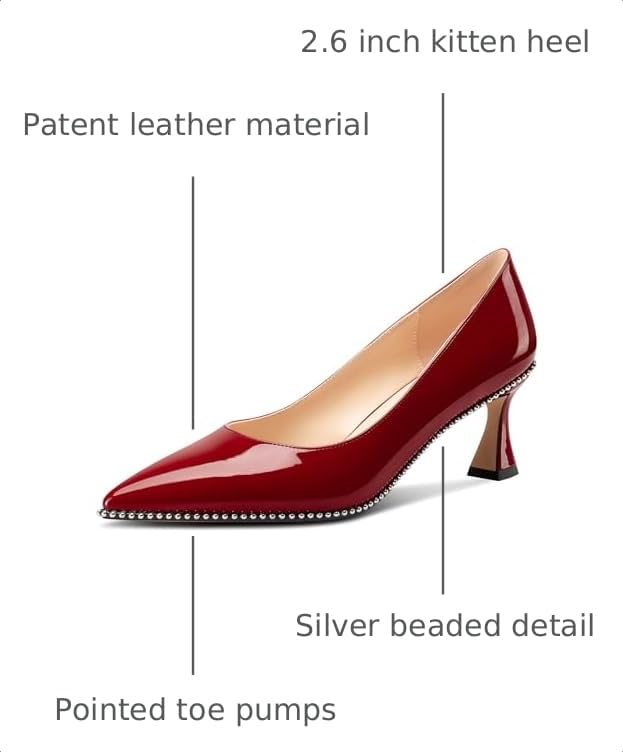 Image of TNYNFBEB Womens Kitten Heel Pointed Toe Pumps Slip-on Sliver Beaded Prom Wedding Dress Basic Classic Patent Leather Summer 2.6 Inches Heels