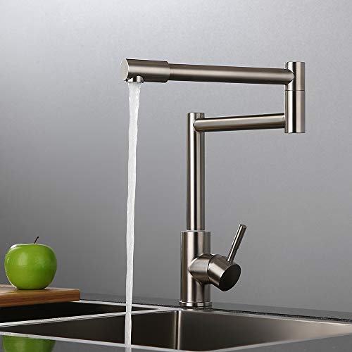 🛒 Flash Sale AUXO Modern Single Handle Single Hole Deck Mount Kitchen Sink Faucet with 360 Rotating Nozzle, Commercial Retractable Pot Filler Kitchen Faucet in Brushed Nickel, Stainless Steel