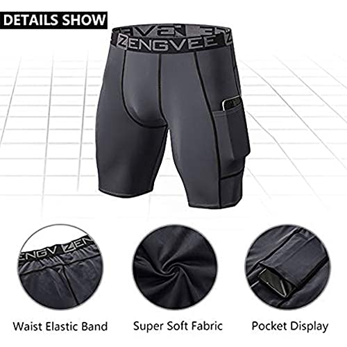 Compression Shorts Men With Pocket 6 Pack Athletic Yoga Shorts Mens Compression Cycling Underwear Fit Workout, Boxing Mens Gym Gear (1011-3Grey+3Blackred-M) #TOP2