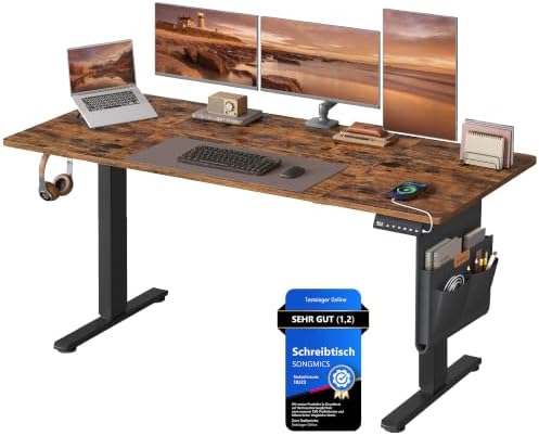 SONGMICS Höhenverstellbarer Schreibtisch 160 x 70 cm | Schreibtisch höhenverstellbar elektrisch, USB-C-Anschluss, Memory-Funktion mit 4 Höhen, vintagebraun LSD136K01