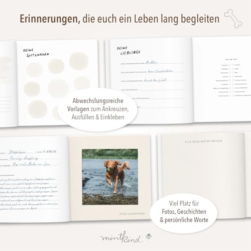 mintkind® Erinnerungsbuch Hund Tagebuch Vier Pfoten & ein ganzes Leben mit Platz für Fotos Geschichten Reisen Geburtstage Lernerfolge Geschenk Hundebesitzer Leinen Einband 96 Seiten