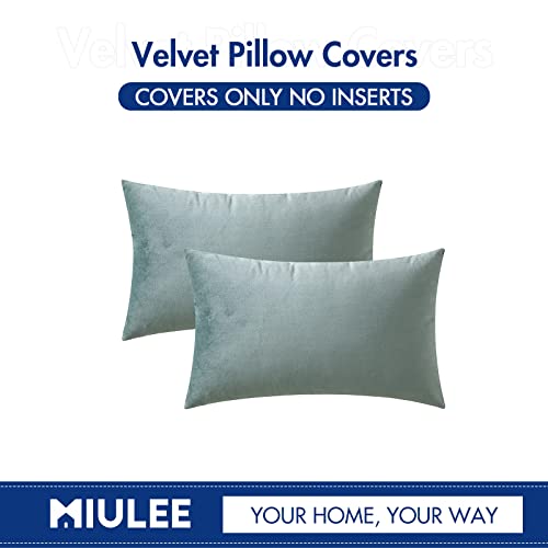 Image of MIULEE Pack of 2 Velvet Soft Solid Decorative Square Throw Pillow Covers Set Cushion Case for Sofa Bedroom Couch 12x20 Inch Blue Grey