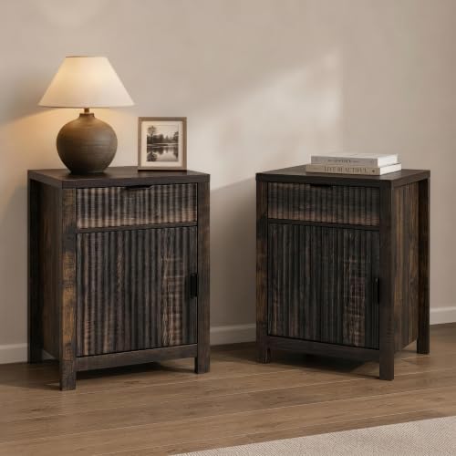 Image of Finnhomy Set of 2 Rustic Nightstand with Drawer, 18.8 inchWide Bedside Table with Storage, Heavy-Duty End Table