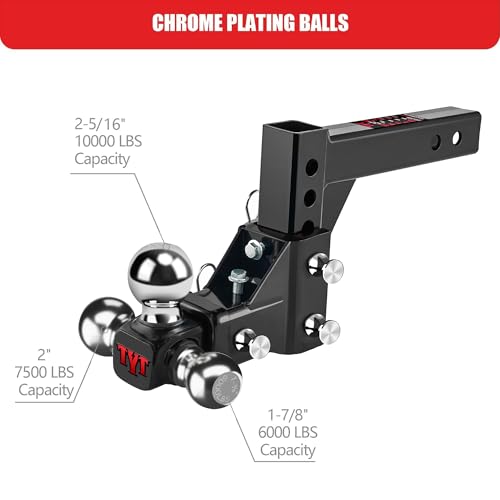 TYT Adjustable Trailer Hitch Ball Mount, Tri-Ball (1-7/8\'\' X 2\'\' X 2-5/16\'\'), Fits 2\'\' Receiver, 5\'\' Rise/Drop Hitch, Heavy-Duty for Towing 10000lbs
