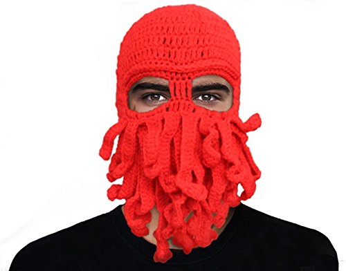 GIANCOMICS Funny Tentacle Octopus Beanie Crochet Knit Beard Hat Fisher Cap Wind Ski Mask Red