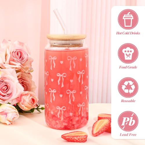 2 Pcs Cute Pink Bow Glass Cups with Lid and Straws Preppy Stuff for Girls by NatNarr - Used condition - Image 4