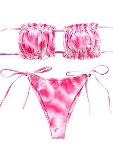 BIKINX Women's Sexy Thong Bikini Swimsuits Micro Bandeau Hot Pink Bikini Set Swim Suit Bathing Suit Cover