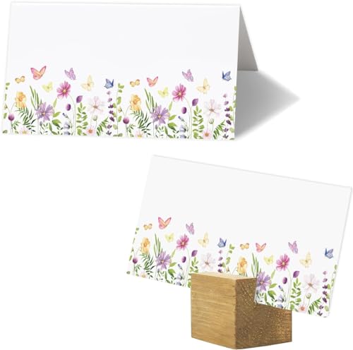 Lot de 100 marque-places floraux, 8,9 x 5,1 cm, motif papillon et fleurs sauvages, cartes de mariage pliées pour fête prénatale, réception, décoration de fête