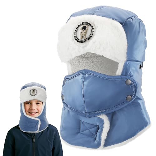 Trapper Hat for Ages 5-12 Soft Faux Fur Lining Blue Kids Winter Hat with Ear Flaps & Windproof Mask Gifts for Boys