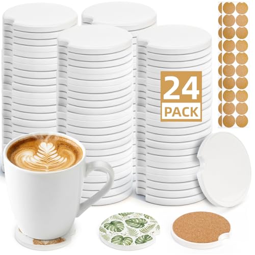 Eorbow 24 Packs Ceramic Sublimation Car Coasters Car Blanks Cupholders with Finger Notch for Easy Removal Absorbent Auto Cup Holders Keep Vehicle Free from Cold Drink Sweat Stain Spill