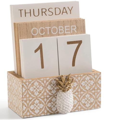 Block Calendar for Desk Wood Desk Perpetual Calendar Gift Daily Desktop Vintage Wooden Blocks for Home Farmhouse Office Aesthetic Decor Rustic Decoration Brown Pineapple