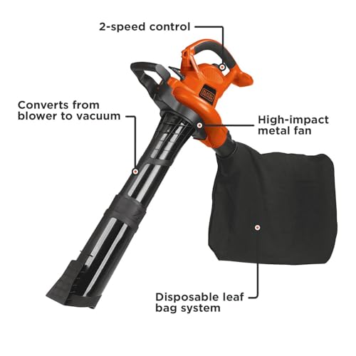 BLACK+DECKER Leaf Blower, Vacuum and Leaf Mulcher 3-in-1, Electric Blowers for lawn Care, 12 Amp, 250 MPH, 400 CFM (BV6000)