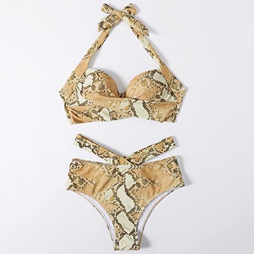 Tankini dos nu rétro kaki imprimé serpent deux hauts et short
