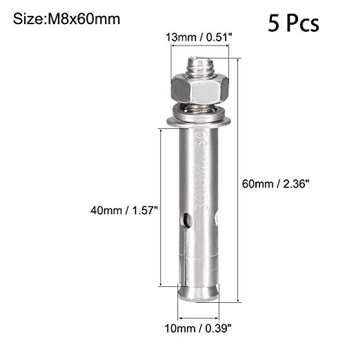 Image of 5 Pcs M8 x 60mm 304 Stainless Steel Expansion Bolt External Hex Expansion Screw Bolt Sleeve Anchor,Pool-Safety-Cover Expansion Bolts,for Concrete