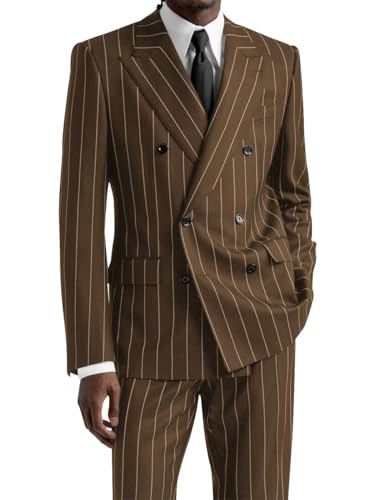 Wangyue Brown Suits for Men Double Breasted Pinstripe Suits 2 Piece Business Work Suits for Father&Husband&Son L
