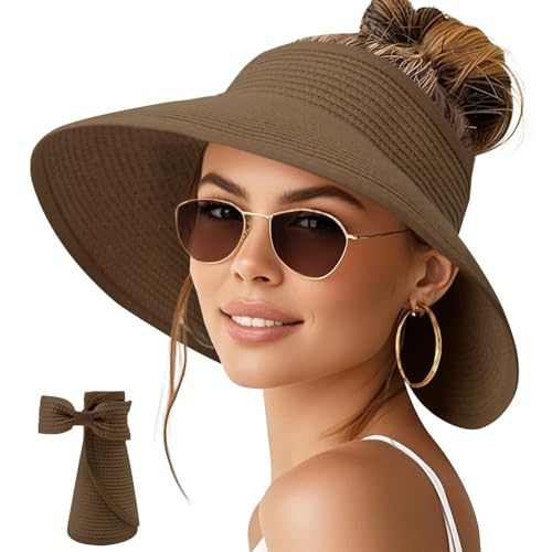 Image of NPQQUAN Sun Visor Hats for Women Wide Brim Ponytail Straw Beach Hat Packable Foldable UPF 50+ Floppy Travel Hats