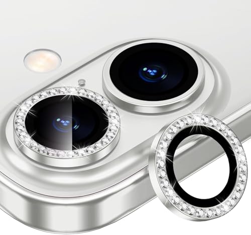 Image of CLITZ for iPhone 16 /16 Plus Camera Lens Protector Bling Individual Metal Diamond Ring 9H Hardness Scratchproof Protector, Stylish Phone Accessories, Case Friendly (Silver Diamond)