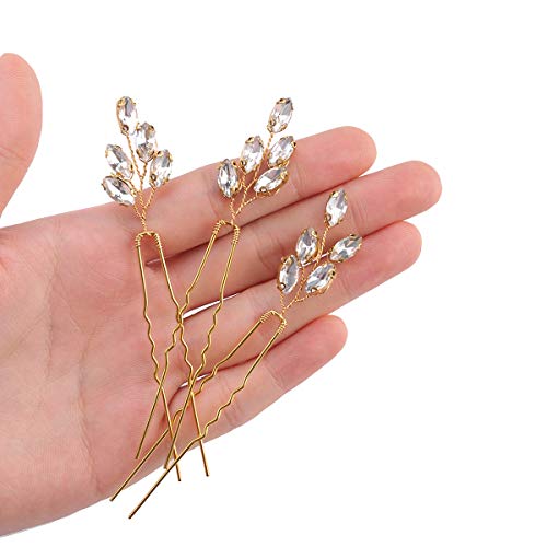 Missgrace Women Rhinestone Hair Piece Gold Leaf Hairpieces Wedding Vintage Hair Pins Bridal Rhinestone Hair Clips Wedding Headpiece for Party and Evening (Pack of 3) (Gold)