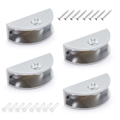 FINELYCR 4 pièces Pince de Fixation pour Verre de Croissant, Alliage de Zinc Support Etagere Verre, Réglable Clips de Fixation pour Vitre, Muraux Pinces à Verre, pour Panneaux de 8-12 mm D'épaisseur