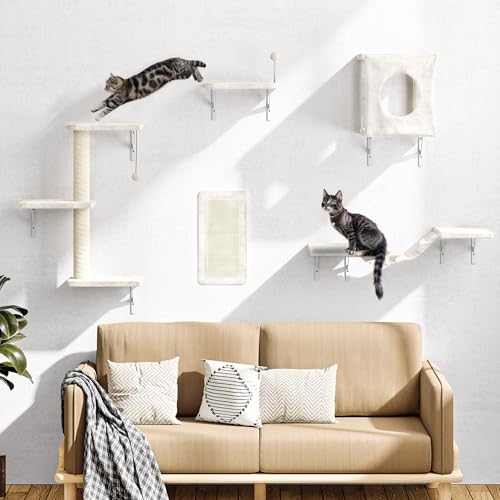 NUNU LAB Cat Wall Shelves PT012-BE-VC Mueble de Pared para Gatos 5 Piezas con Casa, Puente, Escalones y Poste Rascador Beige miniatura 6