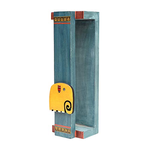 Image of Aakriti Art Creations Madhubani Art Wooden Towel Holder Stand | Happy Elephant Wall Mounted Towel Rack | Matte Finish Blue Wall Mounted Towel Holder for Bath & Wash Area
