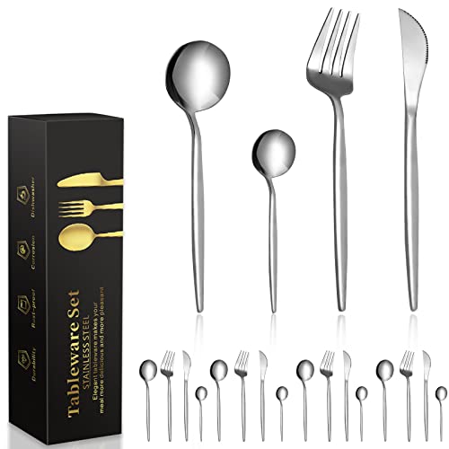 CHENEVER Juego de cubiertos de 24 piezas, de acero inoxidable, juego de cubiertos para 6 personas con cuchillo tenedor cuchara para restaurante, bodas, festivales, fiestas, lavavajillas, Sliver Cover