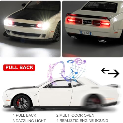 Image of Dodge Challenger Hellcat Toy Car 1:24 Scale Collection Diecast Metal Toy Model Car for Kids Light Sound Pull Back Openable Door
